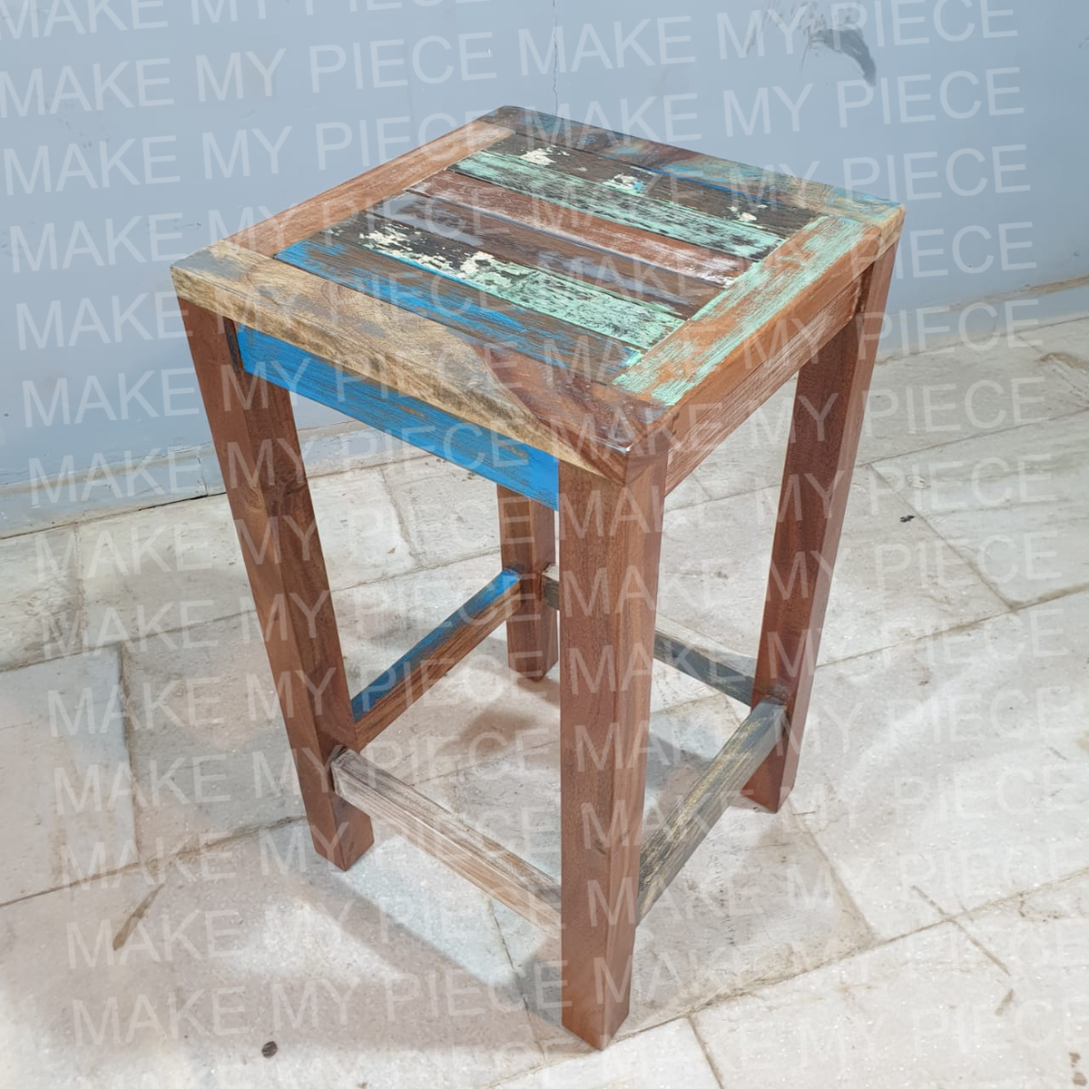 AMANDA Nirvana Reclaimed Boat Wood Patio Bar Stool Multicolour