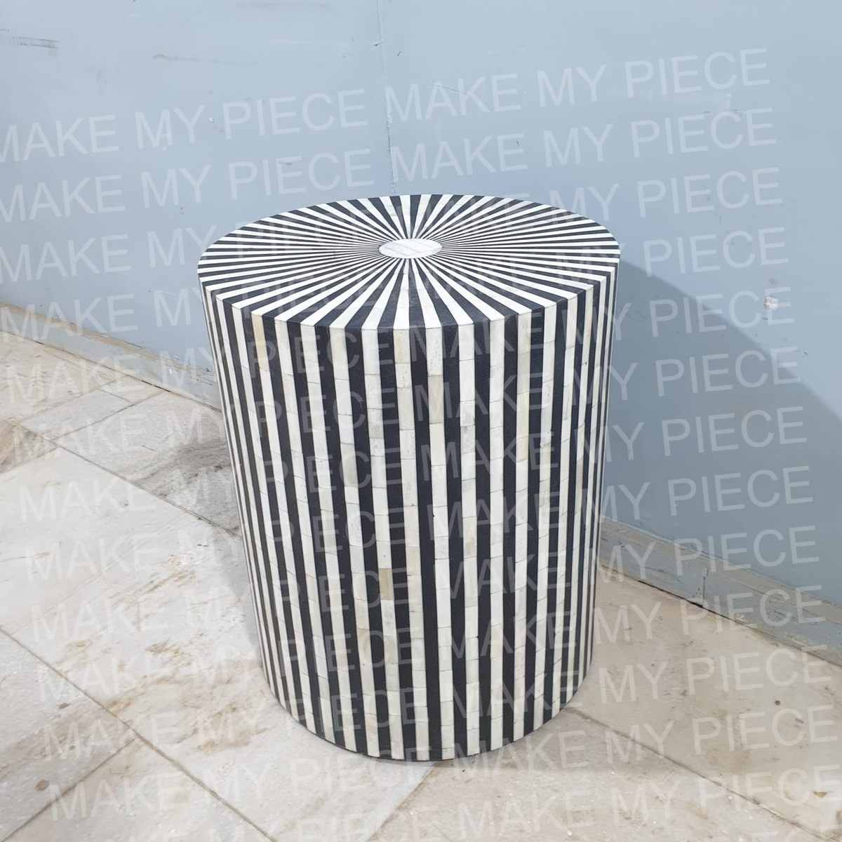 ANNETTE Bone Inlay Round Drum Side Table Black Stripe Pattern