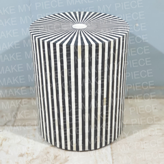 ANNETTE Bone Inlay Round Drum Side Table Black Stripe Pattern