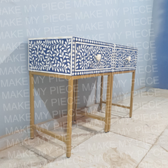 ZUZANA Bone Inlay Bullion Bedside Table Set of 2 Modern Floral Pattern Blue