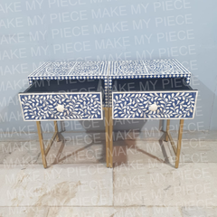 ZUZANA Bone Inlay Bullion Bedside Table Set of 2 Modern Floral Pattern Blue