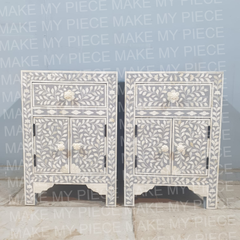 PETER Bone Inlay Modish Bedside Table Set of 2 Floral Pattern