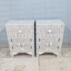 PETER Bone Inlay Modish Bedside Table Set of 2 Floral Pattern