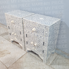 PETER Bone Inlay Modish Bedside Table Set of 2 Floral Pattern