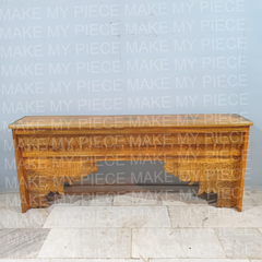 RAJESHWARI Indian Solid Wood Handmade Carved Console With Brasswork Honey Brown