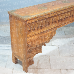 RAJESHWARI Indian Solid Wood Handmade Carved Console With Brasswork Honey Brown