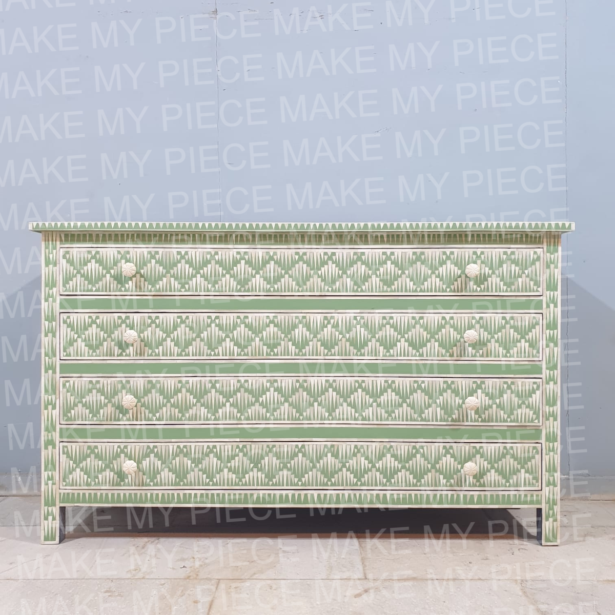 SHAUNA Bone Inlay Amira Classic Chest of Drawers Dresser Green Strip Pattern