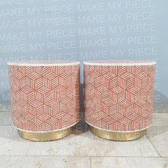 SHAUNA Bone Inlay Round Drum Side Table Orange Hatch Pattern Set of 2