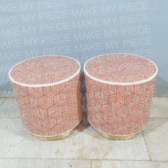 SHAUNA Bone Inlay Round Drum Side Table Orange Hatch Pattern Set of 2