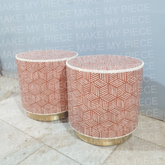 SHAUNA Bone Inlay Round Drum Side Table Orange Hatch Pattern Set of 2