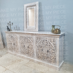 CASEY Indian Handmade Carved Solid Wood 3 Doors Jali Design Sideboard Rustic White