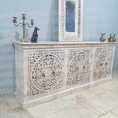 CASEY Indian Handmade Carved Solid Wood 3 Doors Jali Design Sideboard Rustic White