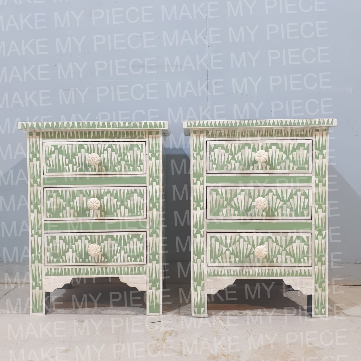 SHAUNA Bone Inlay Amira Classic Bedside Table With green Floral Pattern Set of 2