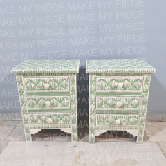 SHAUNA Bone Inlay Amira Classic Bedside Table With green Floral Pattern Set of 2