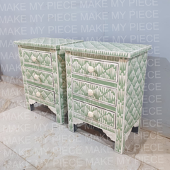 SHAUNA Bone Inlay Amira Classic Bedside Table With green Floral Pattern Set of 2