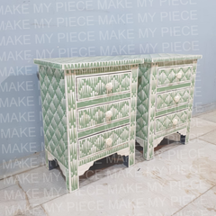 SHAUNA Bone Inlay Amira Classic Bedside Table With green Floral Pattern Set of 2