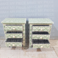 SHAUNA Bone Inlay Amira Classic Bedside Table With green Floral Pattern Set of 2