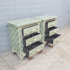 SHAUNA Bone Inlay Amira Classic Bedside Table With green Floral Pattern Set of 2