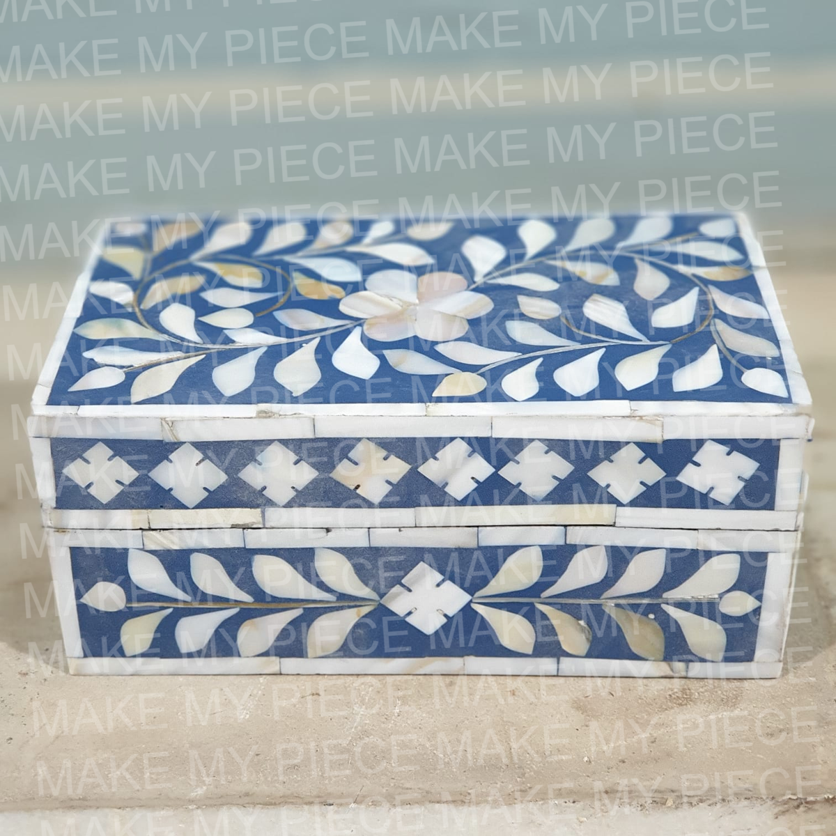 GABRIELLE Bone Inlay Chest Box Blue Floral Pattern 20x10x10cm