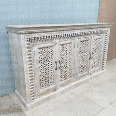 ANVESH Mandala Hand Carved 4 door Sideboard With Carvings On The Frame Whitewash