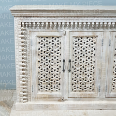 ANVESH Mandala Hand Carved 4 door Sideboard With Carvings On The Frame Whitewash