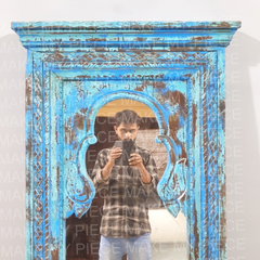 MTS GBS Vintage Hand Carved Rustic Solid Wood Mirror Frame Rustic Blue