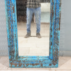 MTS GBS Vintage Hand Carved Rustic Solid Wood Mirror Frame Rustic Blue