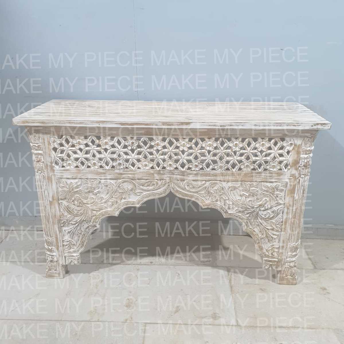 ALAIN Mughal Mehrab Indian Hand Carved Jali Hall Table Console Rustic White