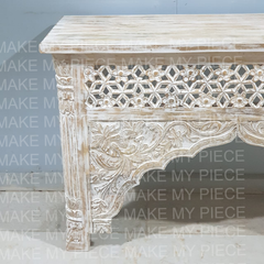 ALAIN Mughal Mehrab Indian Hand Carved Jali Hall Table Console Rustic White