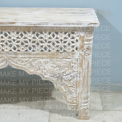 ALAIN Mughal Mehrab Indian Hand Carved Jali Hall Table Console Rustic White