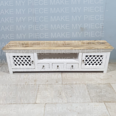 TARIKA Handmade Carved Mango Wood Natural Top 2 Door TV UNIT White