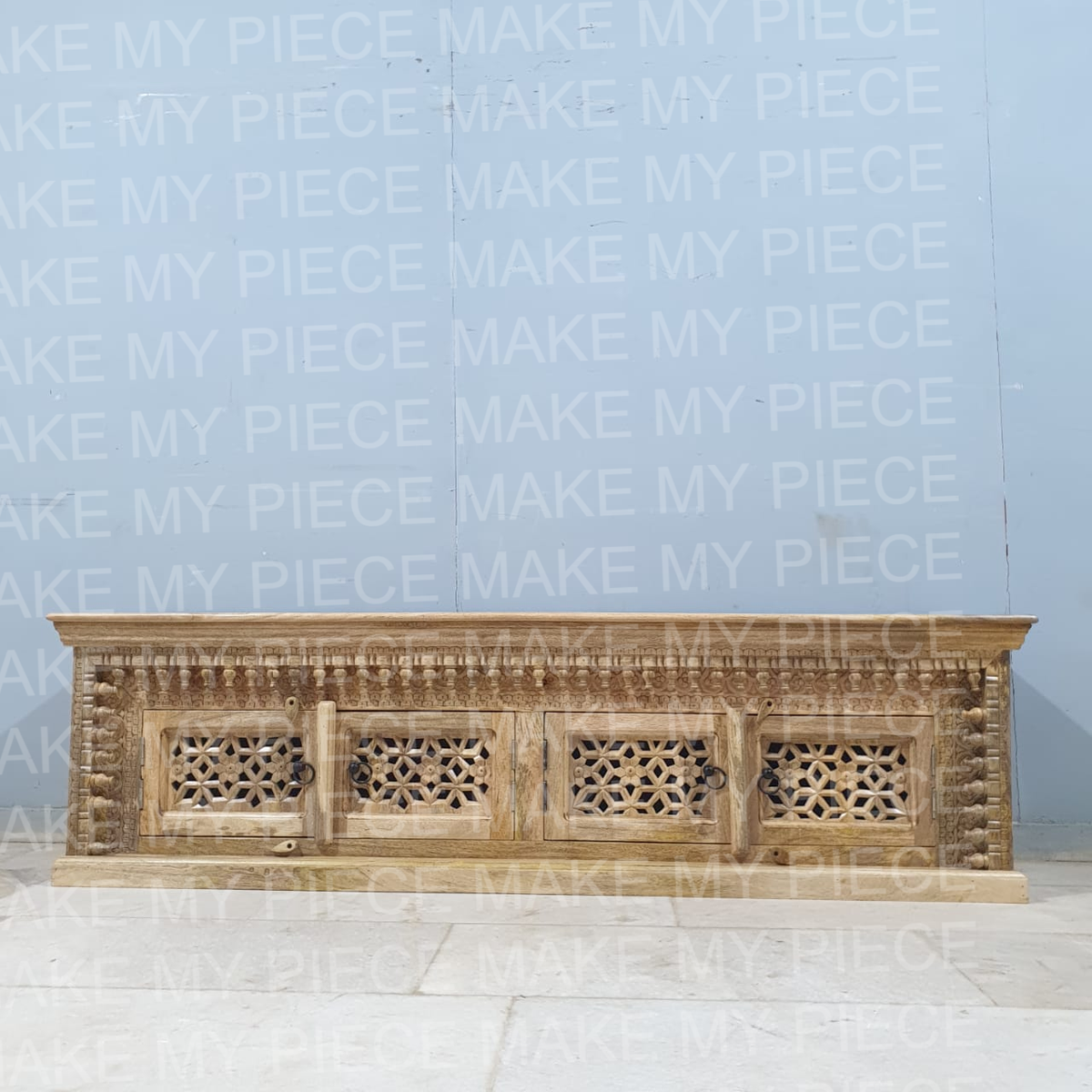 RITU Handmade Carved Mango Wood Natural 4 Doors TV UNIT