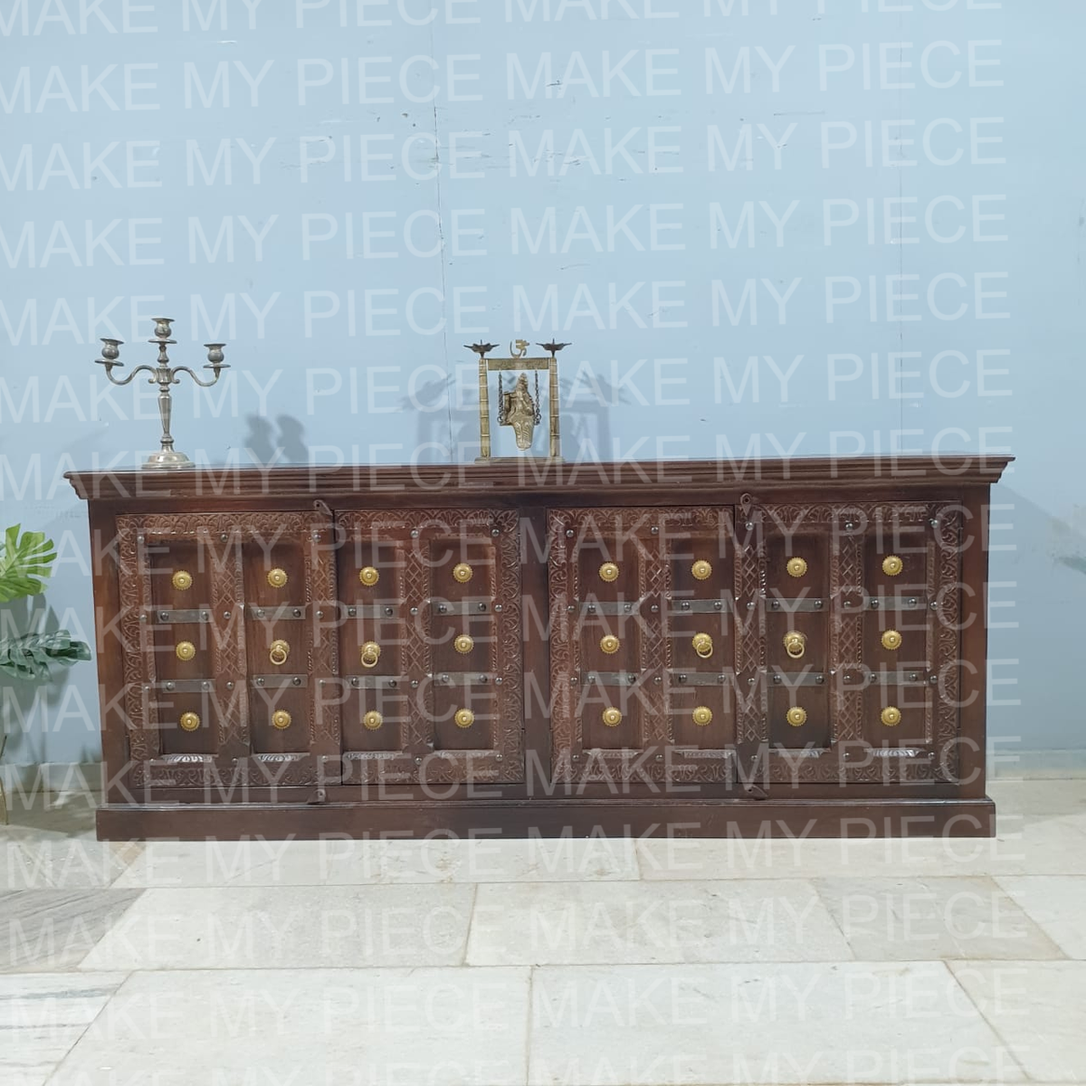 AMIT Handmade Carved Solid Wood 4 Door Sideboard Dark Brown