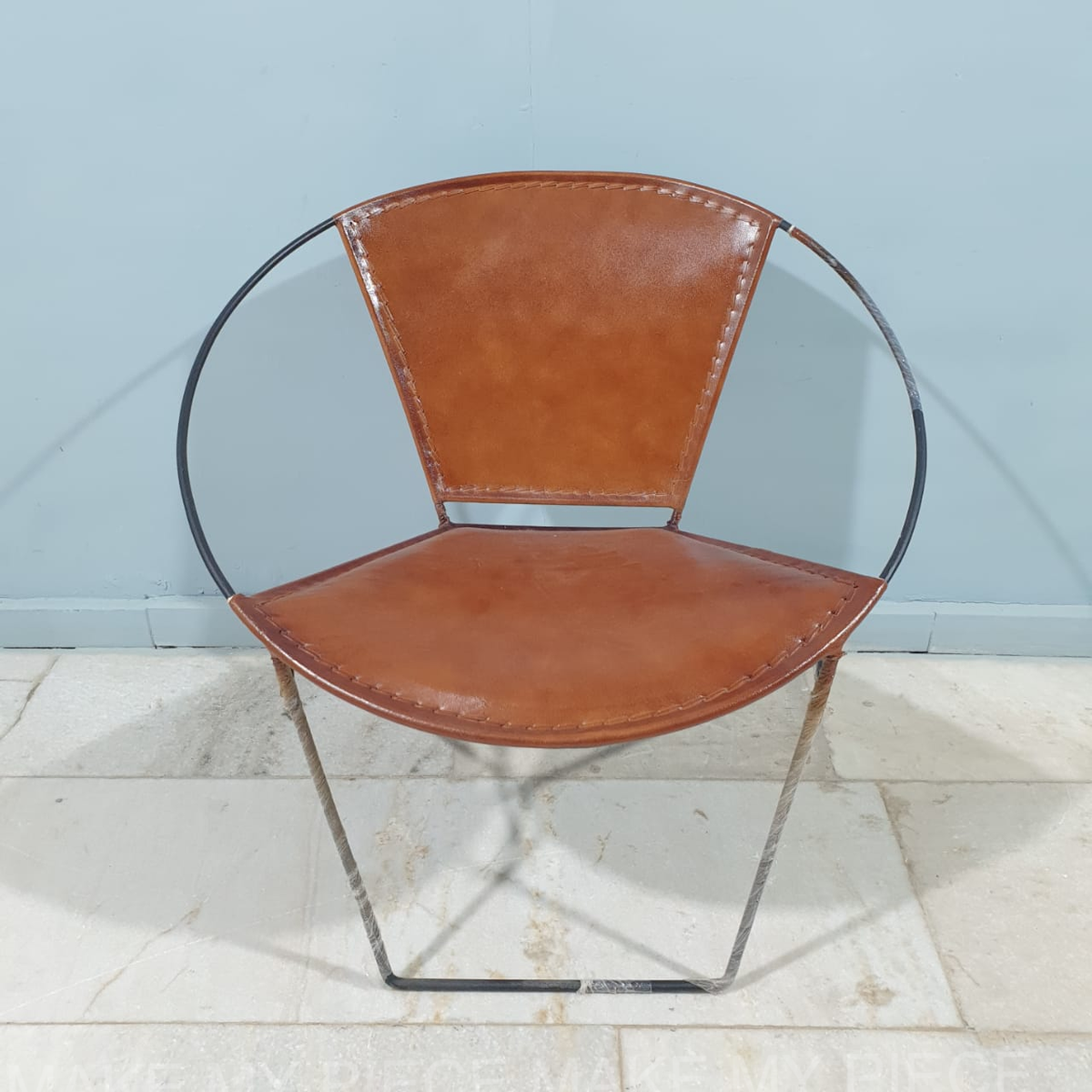 ANJUM Aged Leather Solid Metal Round Tub Cafe Chair