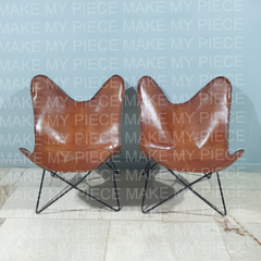 YVONNE Aged Leather Iron Butterfly Chair Set Of 2 Brown