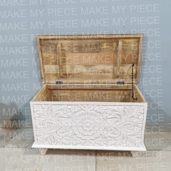 JOY Solid Wood Carved Chest Storage Blanket Box White