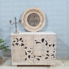 JO Indian Handmade Carved Solid Hard Wood Floral Design Cabinet Sideboard Natural