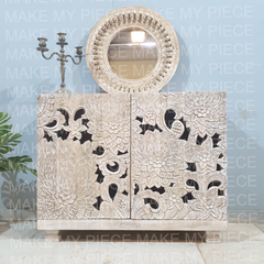 JO Indian Handmade Carved Solid Hard Wood Floral Design Cabinet Sideboard Natural