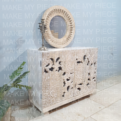 JO Indian Handmade Carved Solid Hard Wood Floral Design Cabinet Sideboard Natural