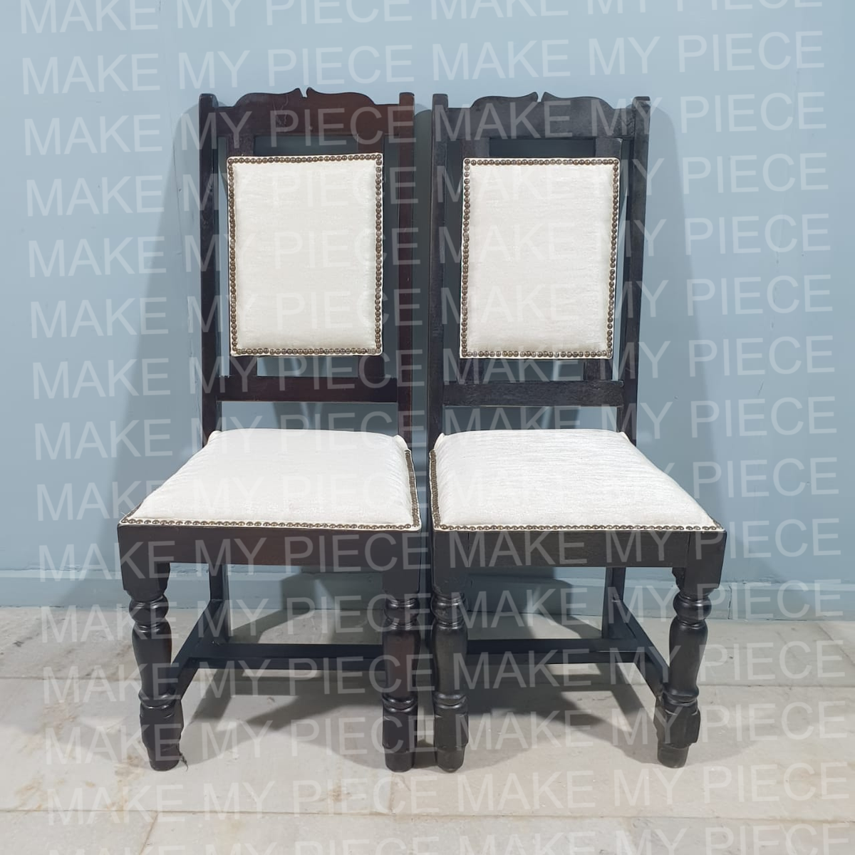 Tarika Wooden Chair for Dining & Living Room Fabric Seat and Back Embossed Brass Work