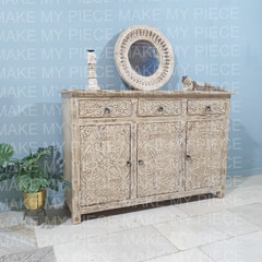 NICOLE Indian Hand Carved Solid Wood 3 Door & 3 Drawers Sideboard Creamwash