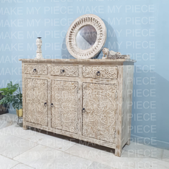 NICOLE Indian Hand Carved Solid Wood 3 Door & 3 Drawers Sideboard Creamwash