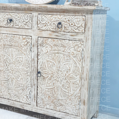 NICOLE Indian Hand Carved Solid Wood 3 Door & 3 Drawers Sideboard Creamwash