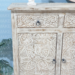 NICOLE Indian Hand Carved Solid Wood 3 Door & 3 Drawers Sideboard Creamwash