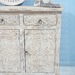 NICOLE Indian Hand Carved Solid Wood 3 Door & 3 Drawers Sideboard Creamwash