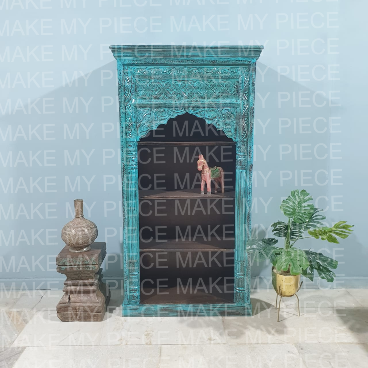 AMELIA Mehrab Indian Carved Bookshelf Arch Window Antique Style Jharokha Book Display Shelf