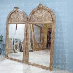 ANGE Indian Hand Carved Round Arch Mirror Frame Bleach Finish