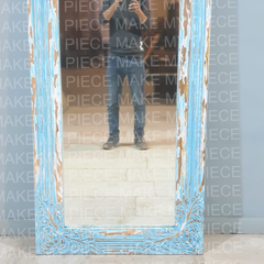 JESSICA Vintage Hand Carved Rustic Solid Wood Mirror Frame Blue Rustic