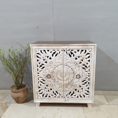 Indian Style Carved Solid Wood Cabinet Buffet 90x45x100cm White