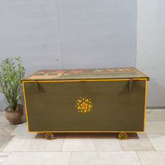 Indian Vintage Hand Painted Solid Wood Merchants Chest Storage Box 157x77x82 cm